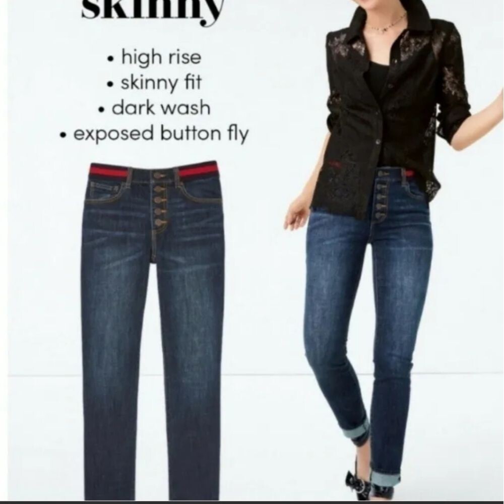 Cabi Button Fly Red Trim Waist Skinny Denim Blue Jeans #3751 Size 2